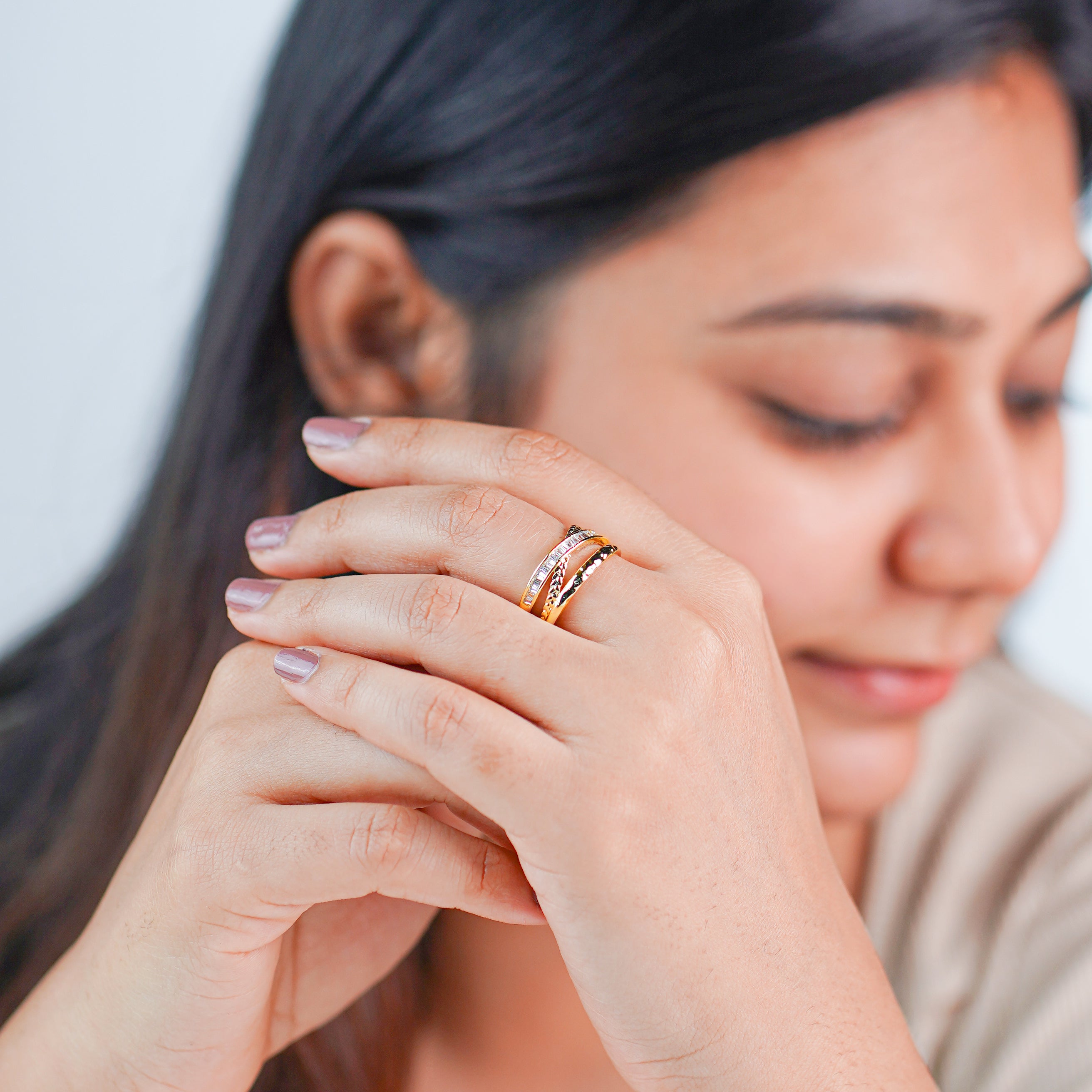 Criss Cross Diamond Studded Adjustable Ring