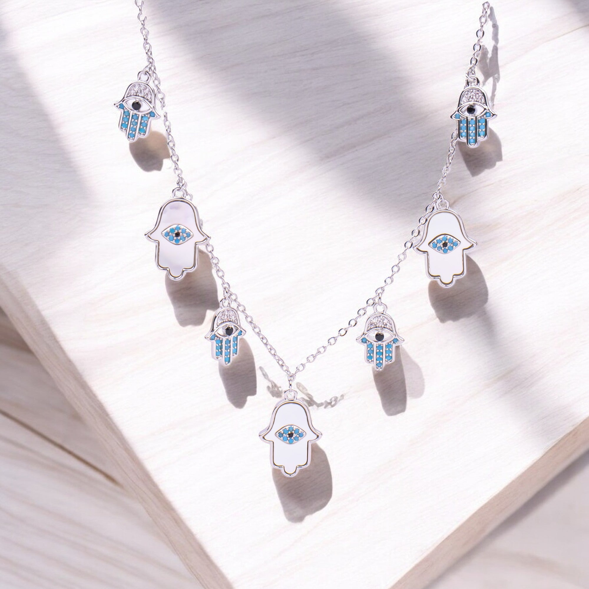 Silver Hamsa Hand Diamond Charms Necklace